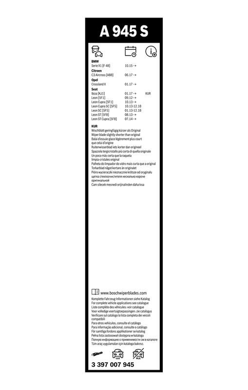 Bosch 3397007945 Wischblatt Vorne für BMW X1 Van Opel 2017->